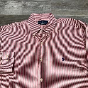 Vintage 90s Ralph Lauren Red Striped Mens 16.5 Classic Fit Americana Dress Shirt